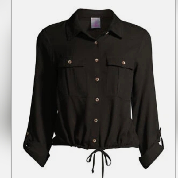 NO Boundaries Tops - No Boundaries NEW Plus Juniors Black Roll Tab Sleeves Drawstring Utility Top